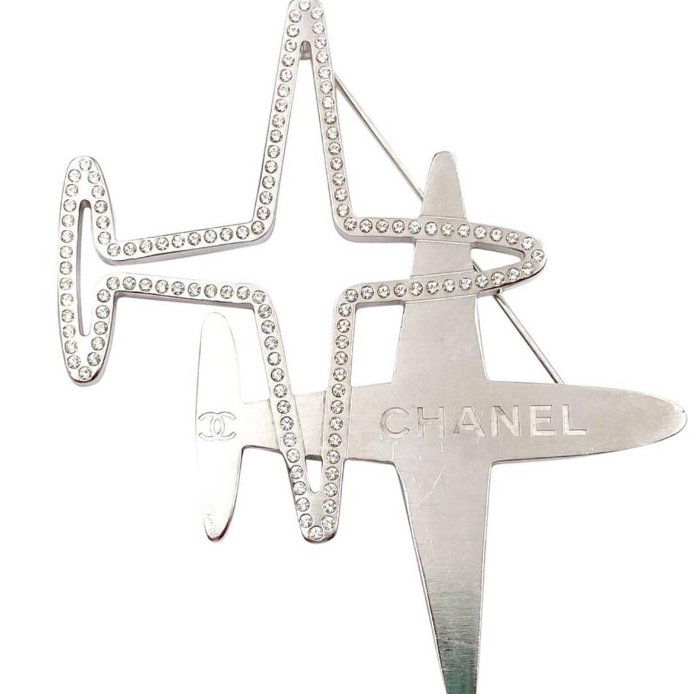 Chanel Silver Double Plane Crystal Large Brooch
